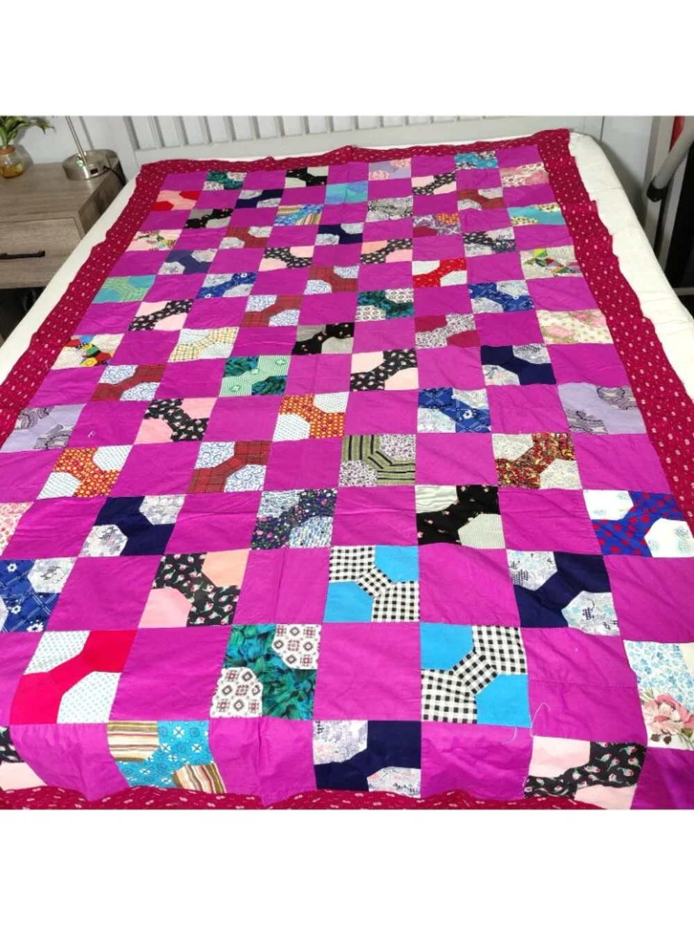 Handmade Patchwork Bow Tie Quilt Top ONLY 54x89 Pink Red Scrappy Multicolor